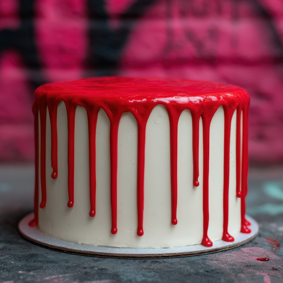 A cake with smooth white frosting is topped with vibrant red icing dripping down the sides. The colorful backdrop features pink and black graffiti.