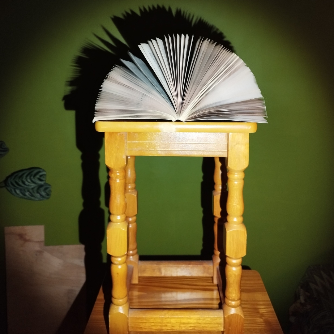 An open book is displayed upright on a small wooden stool, with its pages fanned out against a green background.