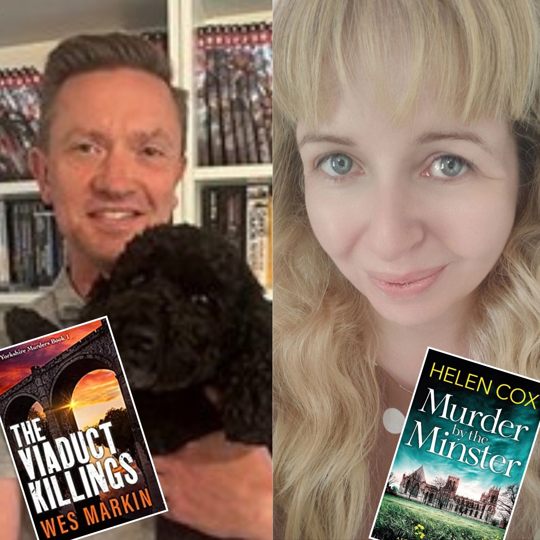 A split image with a man smiling, holding a black dog, alongside a book titled "The Viaduct Killings." A woman smiling beside "Murder by the Minster" book cover.
