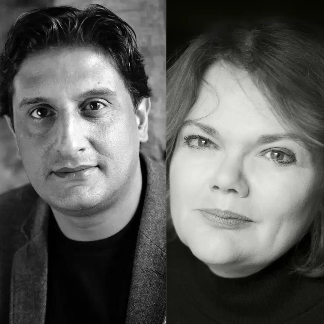 Black and white portrait of a man on the left and a woman on the right. Both have neutral expressions, wearing dark clothing, creating a calm, introspective tone.