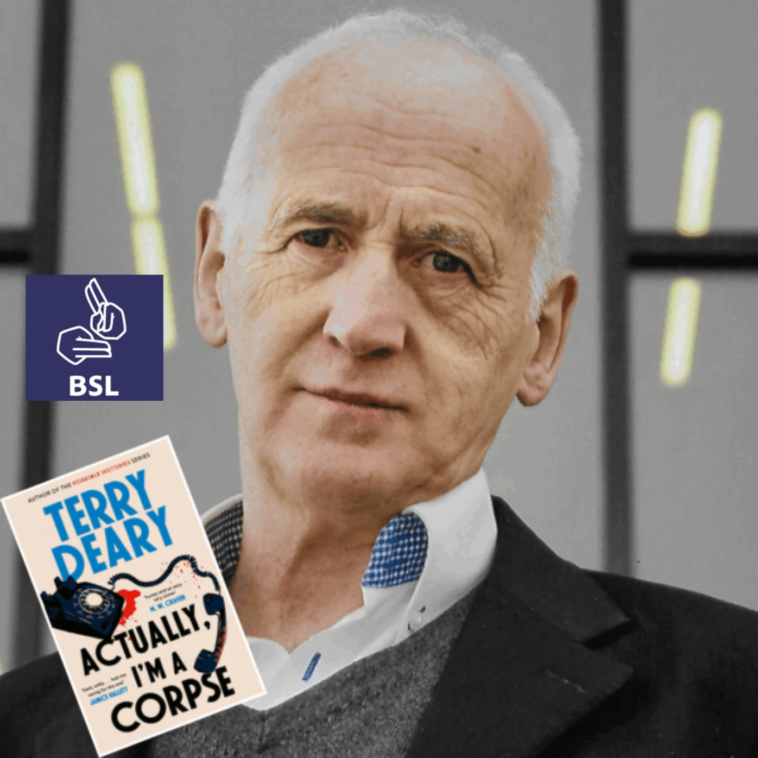 A man in a formal suit with a neutral expression stands before a modern building. A book titled "Actually, I'm a Corpse" appears in the foreground. A dark blue square with a white British Sign Language (BSL) logo and the letters "BSL" is in the upper left corner.